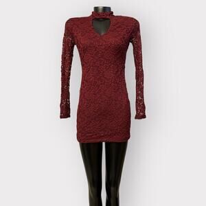 VINTAGE 90s Red Lace Long Sleeve Mini Bodycon Dress Womens sz S Keyhole Burgundy